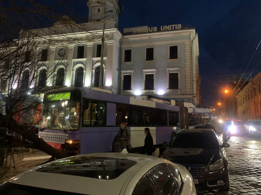 Снес стеллу и въехал в клумбы под горсоветом: у троллейбуса в Черновцах отказали тормоза – видео