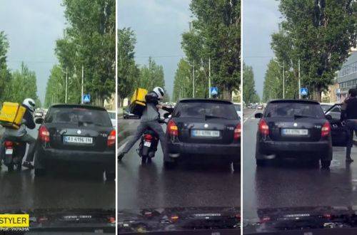 В Киеве курьер Glovo подрался с водителем посреди дороги. ВИДЕО