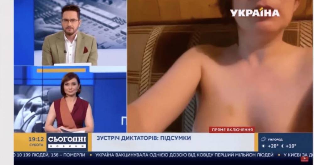 Голая женщина вышла в эфир телеканала “Украина” во время разговора о встрече Путина и Лукашенко
