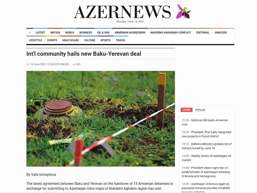 Мировое сообщество приветствует передачу Азербайджаном задержанных армян в обмен на карту минных полей - газета Azernews