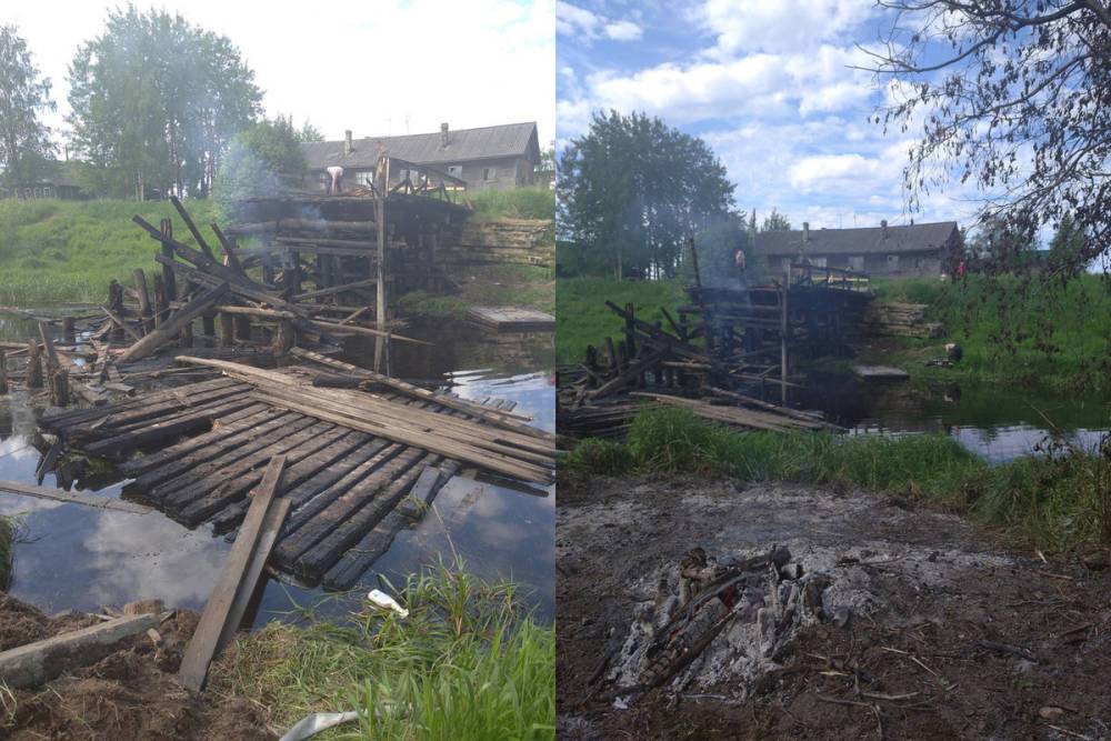 Мост, который рухнул под МАЗом в карельской деревне, подожгли