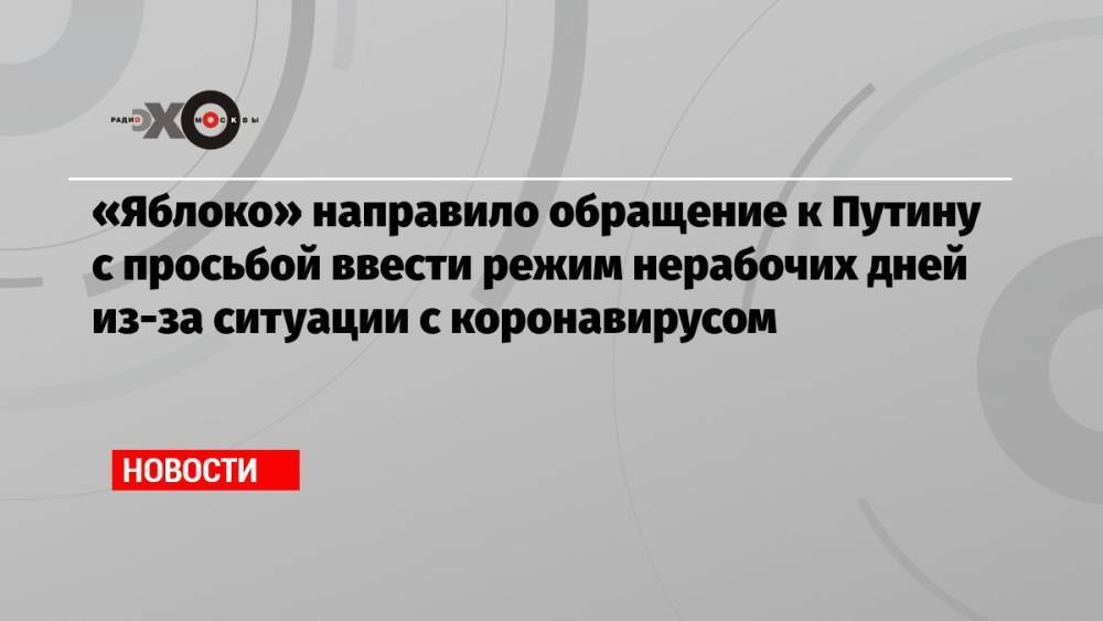 «Яблоко» направило обращение к Путину с просьбой ввести режим нерабочих дней из-за ситуации с коронавирусом