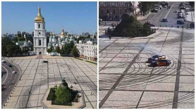 Без ограждений и разрешения: на Софийской площади Киева Киева дрифтовали авто Red Bull