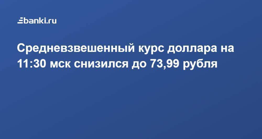 Средневзвешенный курс доллара на 11:30 мск снизился до 73,99 рубля