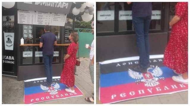 Вместо коврика – флаг боевиков: во Львове местное кафе порадовало посетителей