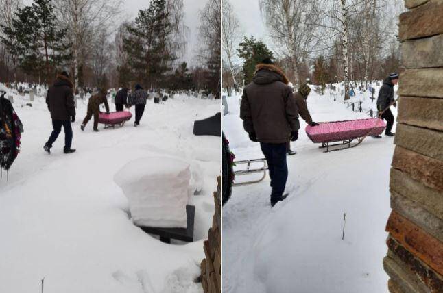 Сотрудники кладбища возят усопших в гробу на детских санках из-за снегопадов