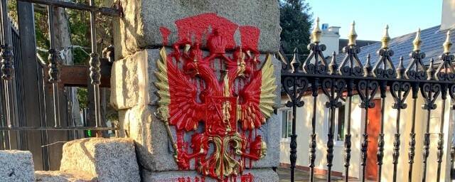 В столице Ирландии герб посольства РФ облили краской и сорвали