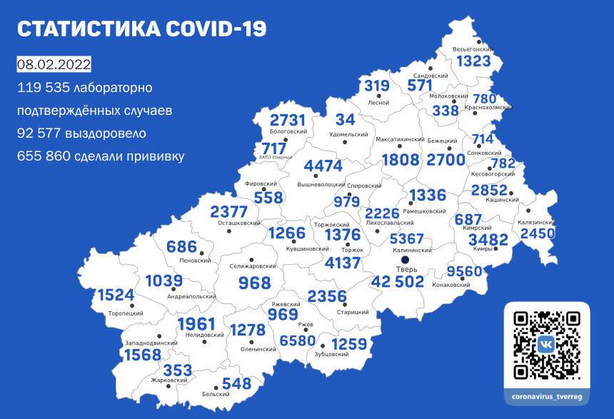 Карта коронавируса в Тверской области к 8 февраля 2022 года