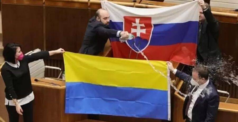 В Словакии депутаты парламента облили флаг Украины водой, после чего унесли его