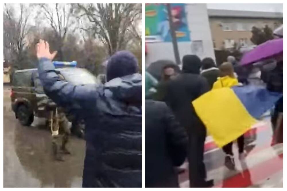 Простые украинцы решили остановить вражескую технику голыми руками, слышны выстрелы: "Оккупанты!"
