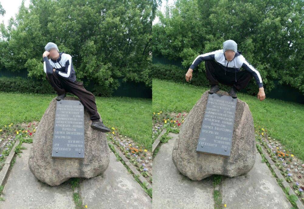 Жителей Торжка возмутил забравшийся на памятник Герою России молодой человек