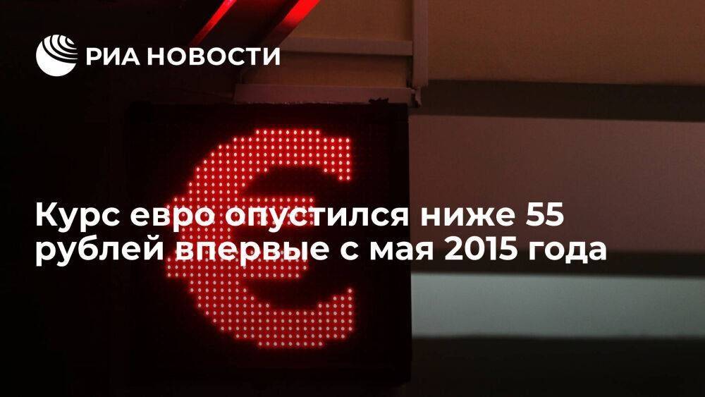 Курс евро на Мосбирже опустился ниже 55 рублей впервые с мая 2015 года