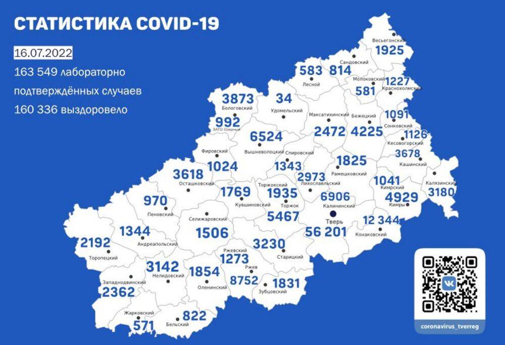 В Твери +14 зараженных. Карта коронавируса в Тверской области за 16 июля 2022 года