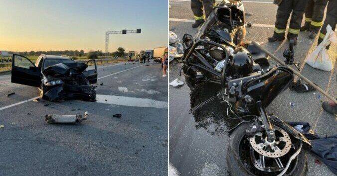 ФОТОю Авария около Адажи: мотоциклист столкнулся сразу с тремя автомобилями