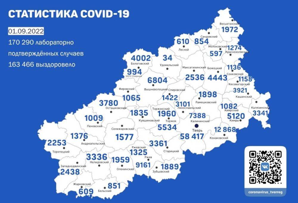 В Твери +63 зараженных. Карта коронавируса в Тверской области за 1 сентября 2022 года
