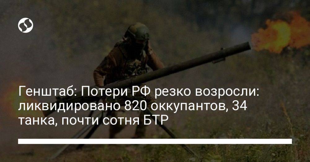 Генштаб: Потери РФ резко возросли: ликвидировано 820 оккупантов, 34 танка, почти сотня БТР