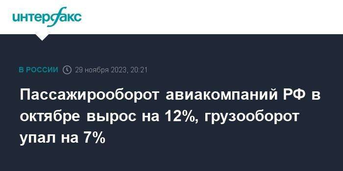 Пассажирооборот авиакомпаний РФ в октябре вырос на 12%, грузооборот упал на 7%