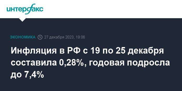 Инфляция в РФ с 19 по 25 декабря составила 0,28%, годовая подросла до 7,4%