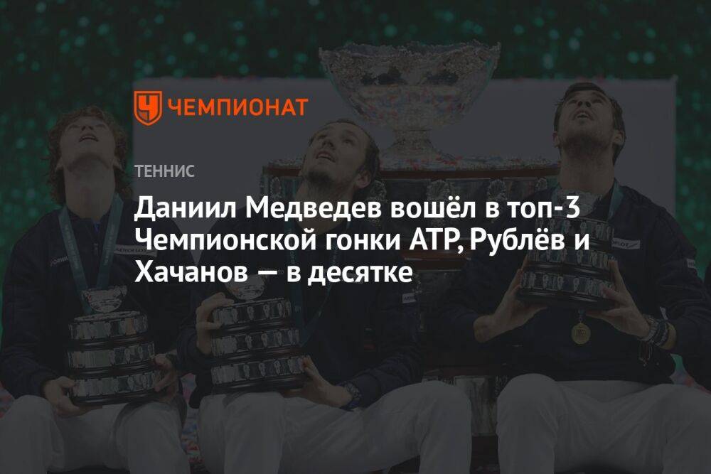 Даниил Медведев вошёл в топ-3 Чемпионской гонки ATP, Рублёв и Хачанов — в десятке