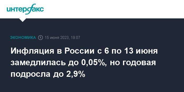 Инфляция в России с 6 по 13 июня замедлилась до 0,05%, но годовая подросла до 2,9%