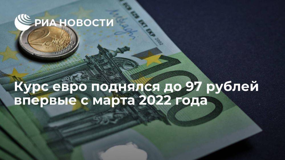 Курс евро на Московской бирже вырос до 97,1 рубля впервые с марта 2022 года