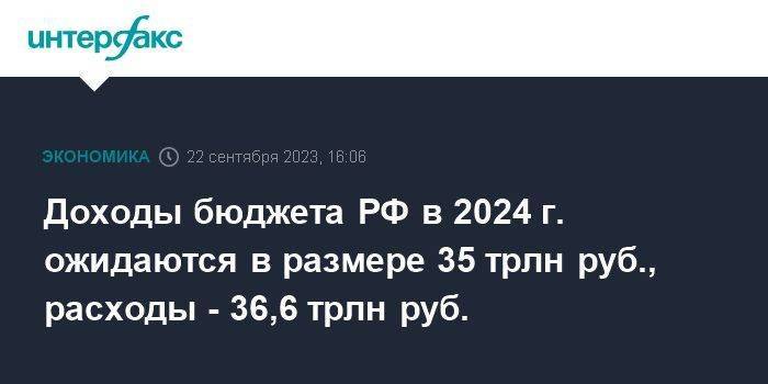 Доходы бюджета РФ в 2024 г. ожидаются в размере 35 трлн руб., расходы - 36,6 трлн руб.