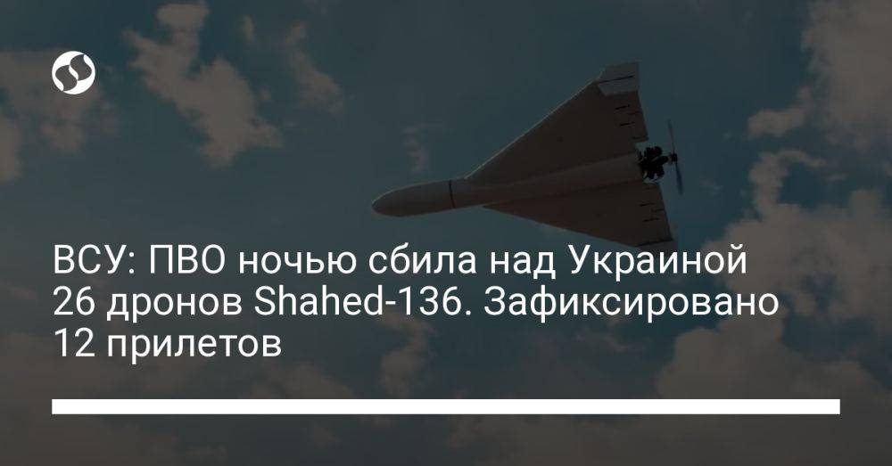 ВСУ: ПВО ночью сбила над Украиной 26 дронов Shahed-136. Зафиксировано 12 прилетов