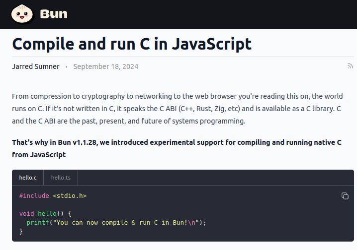 В среду выполнения JavaScript и TypeScript Bun 1.1.28 добавлена поддержка вызова кода на языке C