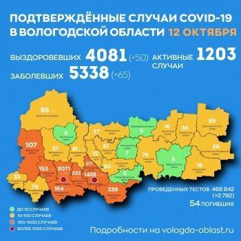 В Вологодской области за сутки выявлено 65 случаев ковида