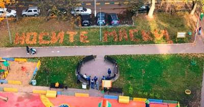 Дворник выложил послание из осенних листьев в Подмосковье