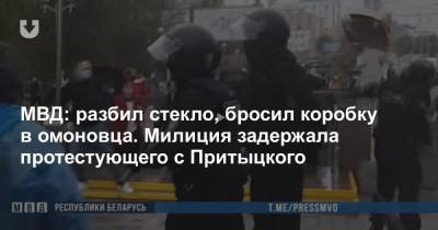 МВД: разбил стекло, бросил коробку в омоновца. Милиция задержала протестующего с Притыцкого