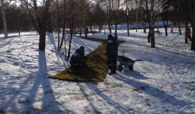 В Уфе рабочие положили газон и асфальт на снег