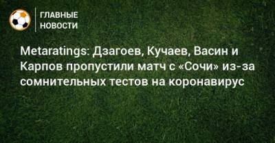 Metaratings: Дзагоев, Кучаев, Васин и Карпов пропустили матч с «Сочи» из-за сомнительных тестов на коронавирус