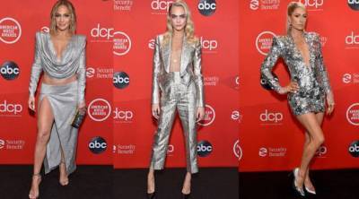 Дженнифер Лопес, Кара Делевинь и Пэрис Хилтон не стали дожидаться Нового года — и пришли на American Music Awards в серебре