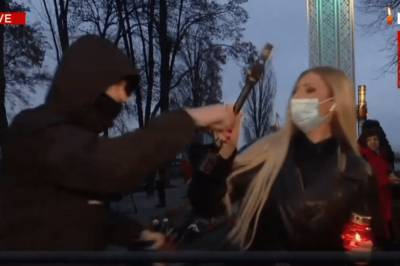 На журналистку NEWSONE напали и выбили микрофон во время чествования жертв Голодоморов. Фото - vkcyprus.com - Киев - Нападение