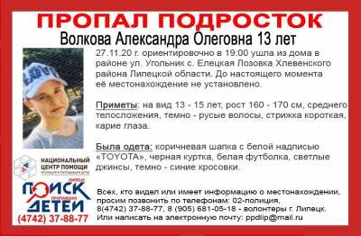В Липецкой области разыскивают пропавшую 27 ноября 13-летнюю школьницу