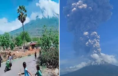 Сильное извержение вулкана в Индонезии попало на видео