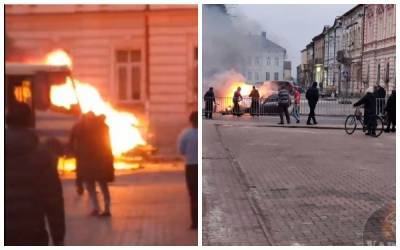 На Львовщине BMW вспыхнула после столкновения с автобусом: жуткое видео