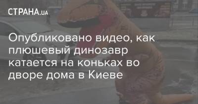 Опубликовано видео, как плюшевый динозавр катается на коньках во дворе дома в Киеве