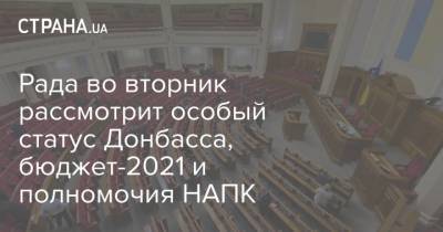Рада во вторник рассмотрит особый статус Донбасса, бюджет-2021 и полномочия НАПК