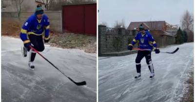 Гололедица не помеха: лидер сборной Украины по хоккею провел тренировку на замерзшей улице (видео)