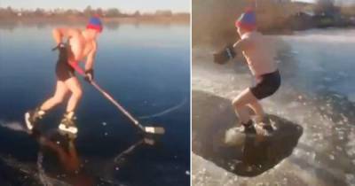 Хоккеист прокатился по тонкому льду и прыгнул в прорубь в коньках