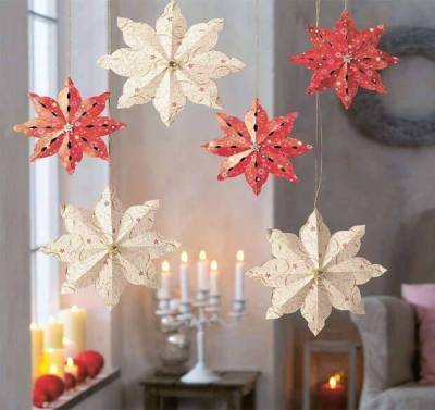 Объемные снежинки, звездочки, цветы из бумаги для новогоднего интерьера