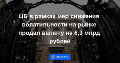ЦБ в рамках мер снижения волатильности на рынке продал валюту на 6,3 млрд рублей