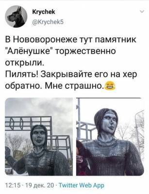 Пользователи шутят по поводу памятника Аленке - русской красавице в Нововоронеже (16 фото)
