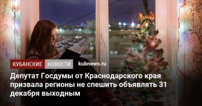 Депутат Госдумы от Краснодарского края призвала регионы не спешить объявлять 31 декабря выходным