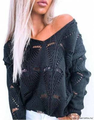 Пуловер спицами ажурным узором «Листик» — модный тренд сезона