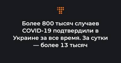 Более 800 тысяч случаев COVID-19 подтвердили в Украине за все время. За сутки — более 13 тысяч