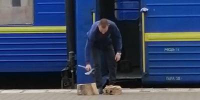 Видео дня. Проводник Укрзализныци на перроне рубит дрова для обогрева вагона