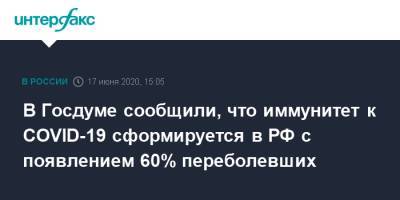 В Госдуме сообщили, что иммунитет к COVID-19 сформируется в РФ с появлением 60% переболевших
